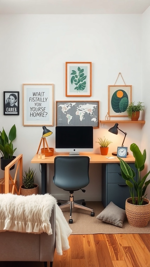 A stylish office guest room combo featuring a desk, plants, and wall art.