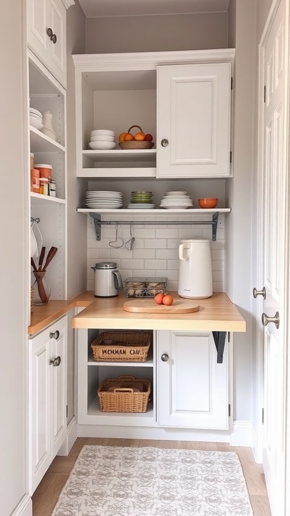 A cozy corner pantry with a fold-down table, shelves, and baskets, designed for efficient kitchen prep.