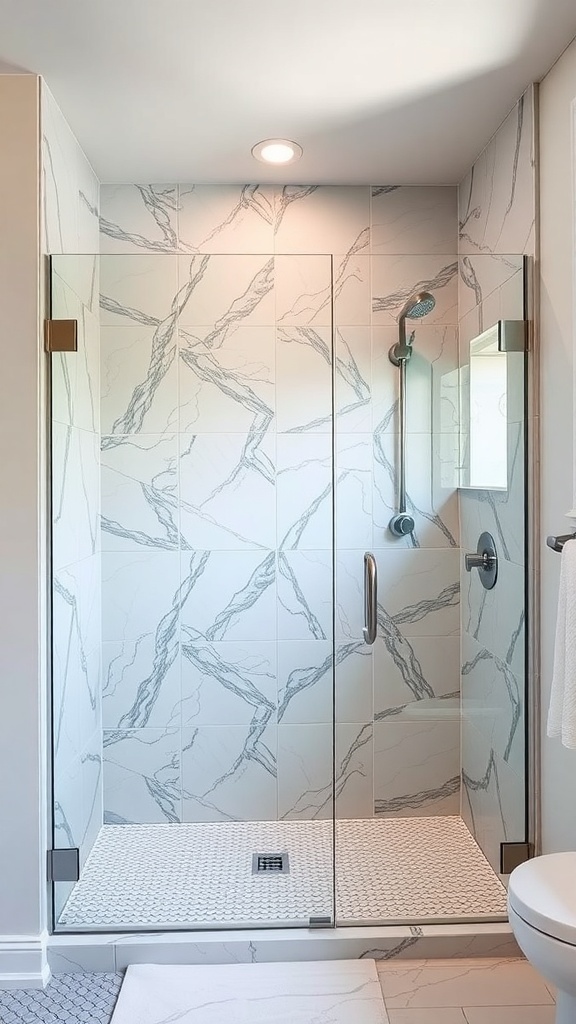 Modern walk-in shower with marble tiles and glass enclosure