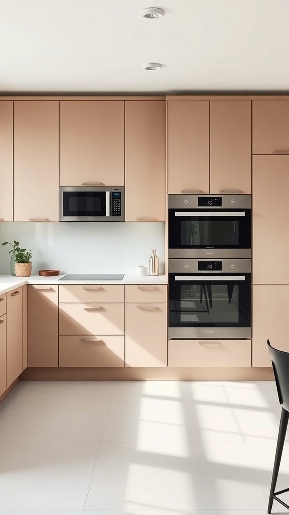 Modern kitchen with integrated appliances and soft-toned cabinetry.