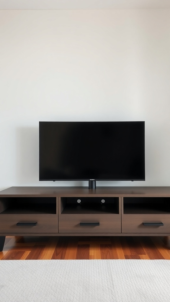A modern media console with a TV on a plain wall.