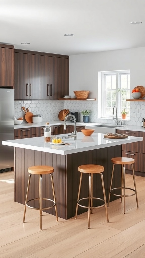 A modern kitchen island with a sink, wooden stools, and stylish decor.