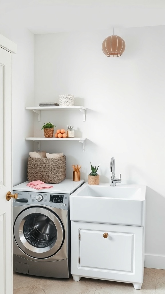 A modern laundry room featuring a washing machine and a white utility sink with shelves above.