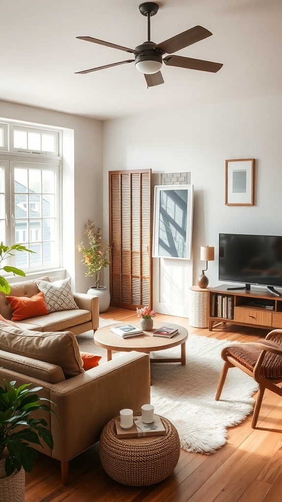 A cozy Japandi living room with natural elements, soft textures, and warm tones.