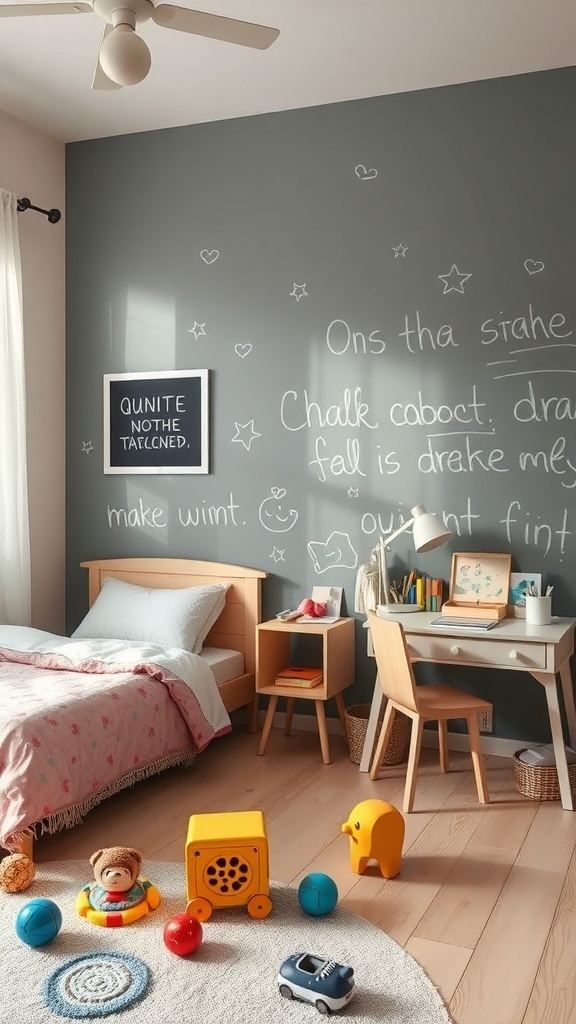 A whimsical bedroom featuring a chalkboard wall, toys on the floor, and playful decor.