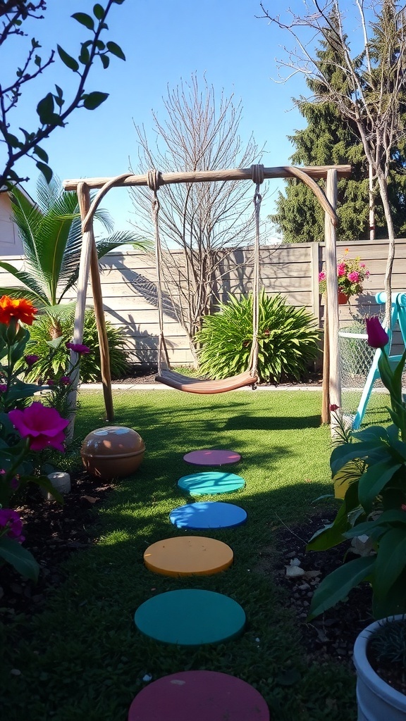A garden featuring a swing set, colorful stepping stones, and vibrant flowers.