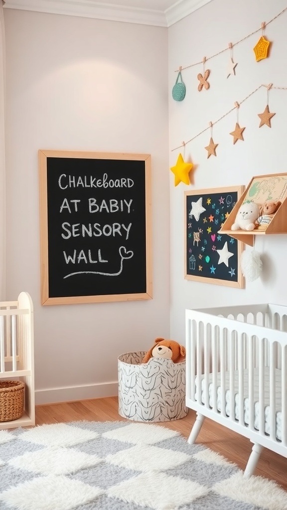 Nursery corner with a chalkboard and sensory wall features