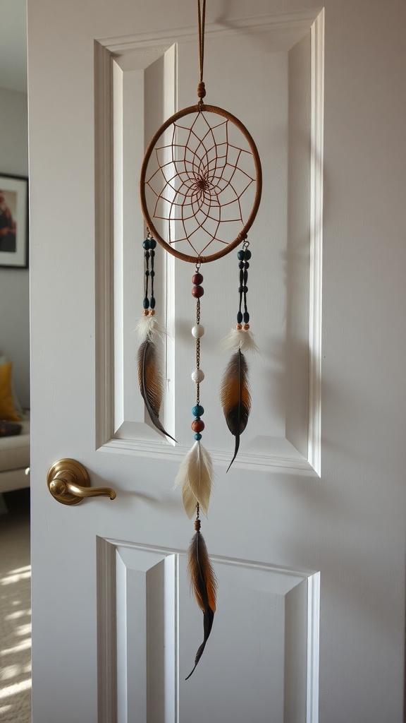 A beautifully crafted dream catcher hanging on a white bedroom door