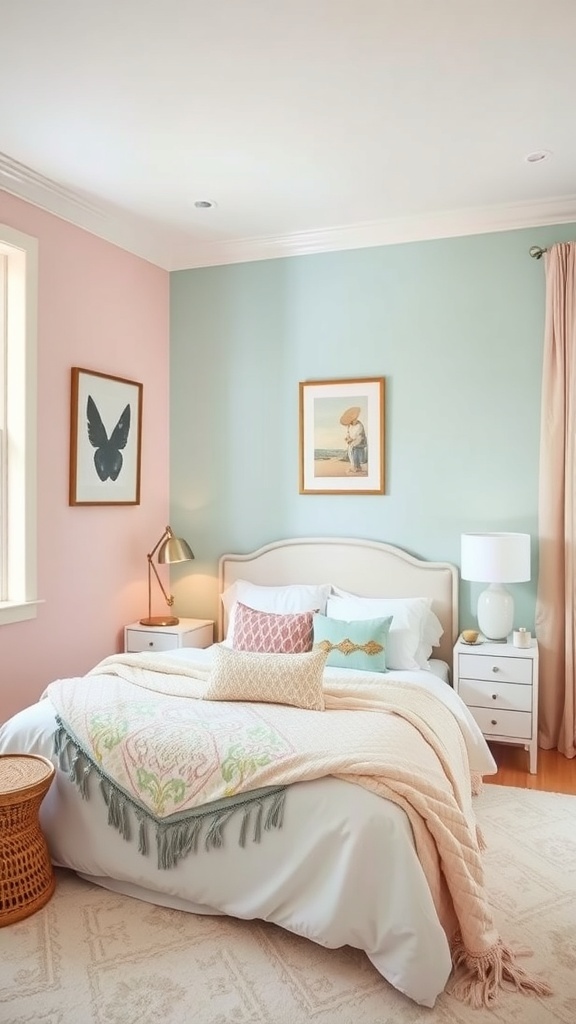 A cozy guest bedroom featuring pastel pink and blue walls, layered bedding, and decorative art.