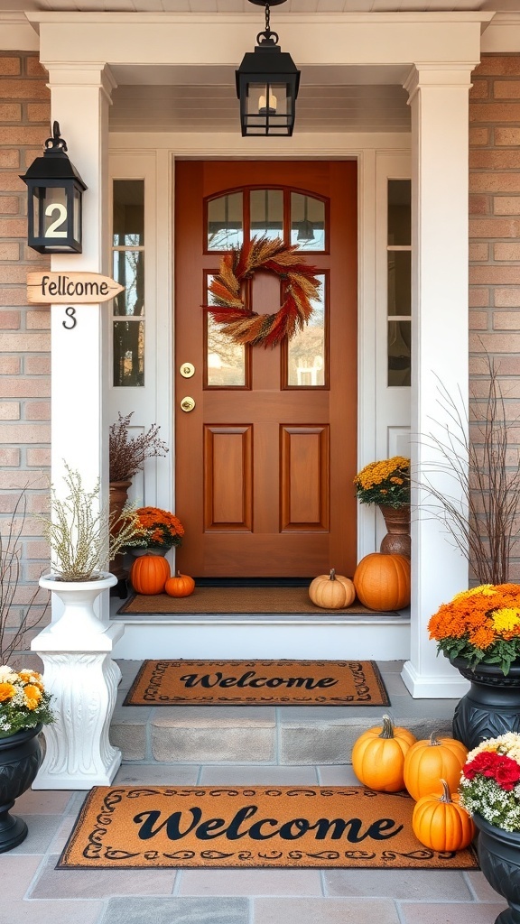 A cozy fall entryway with a wooden door, a wreath, pumpkins, and flowers.
