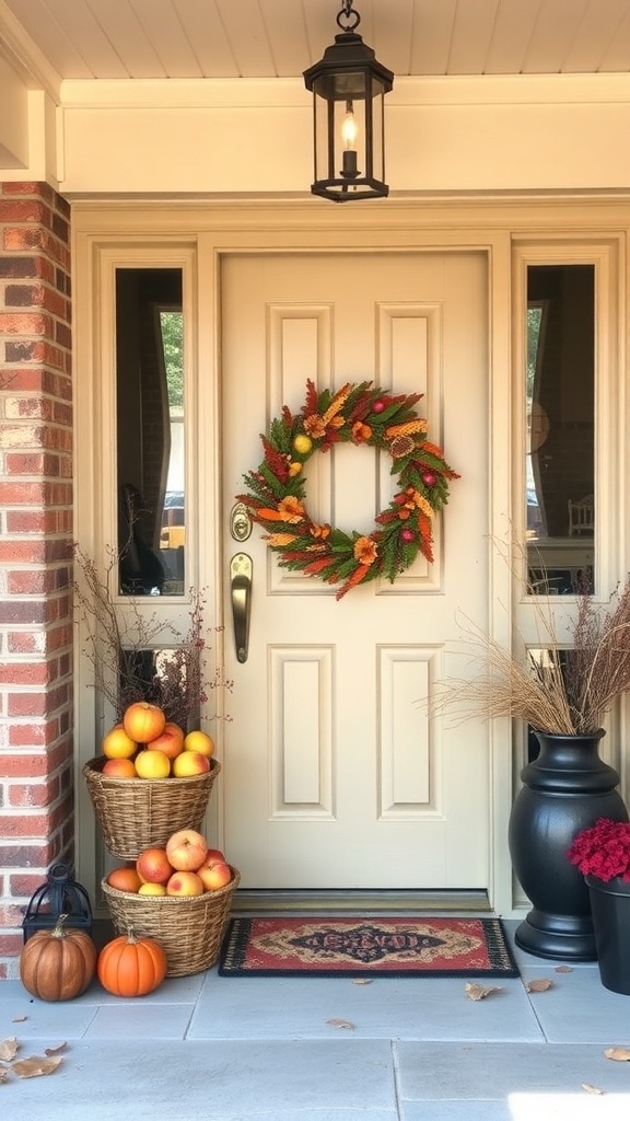 A cozy fall entryway with a wreath, baskets of apples, and pumpkins.