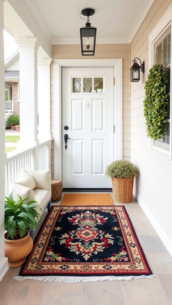 A small front porch with a decorative rug, plants, and a white door.