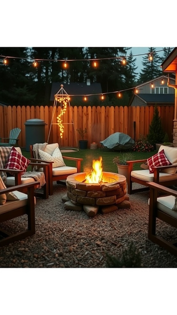 Cozy backyard fire pit area with seating and string lights