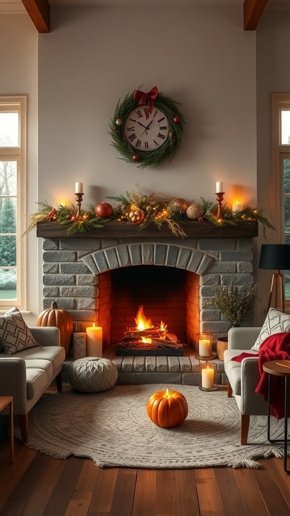 Cozy winter living room with a stone fireplace, decorated with a wreath, candles, and pumpkins.
