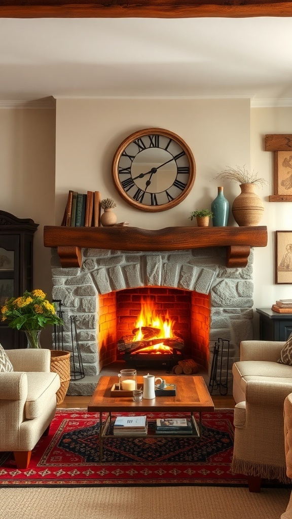 A cozy cottage living room featuring a stone fireplace with a warm fire, wooden mantel, and comfortable seating.