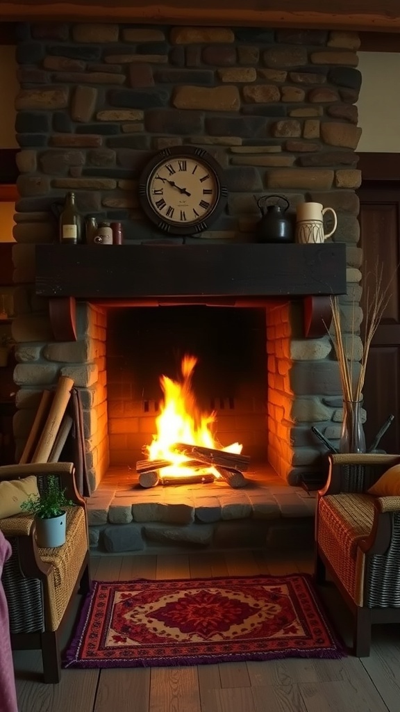 A cozy stone fireplace with a warm fire, surrounded by comfortable chairs and a decorative rug.