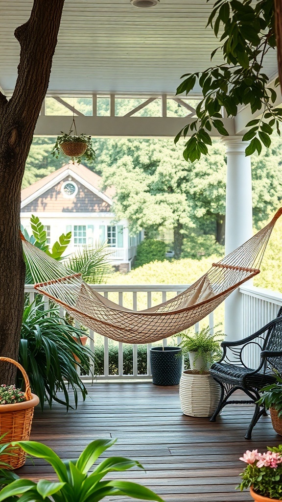 A cozy hammock on a porch surrounded by plants and a chair.