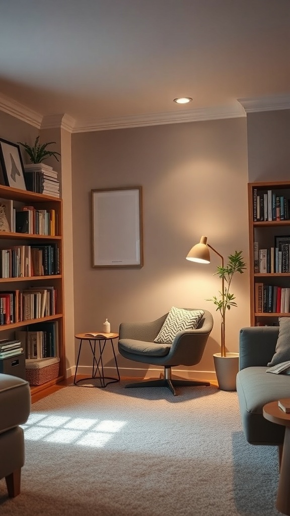 Cozy reading nook with a comfortable chair, bookshelves, and soft lighting