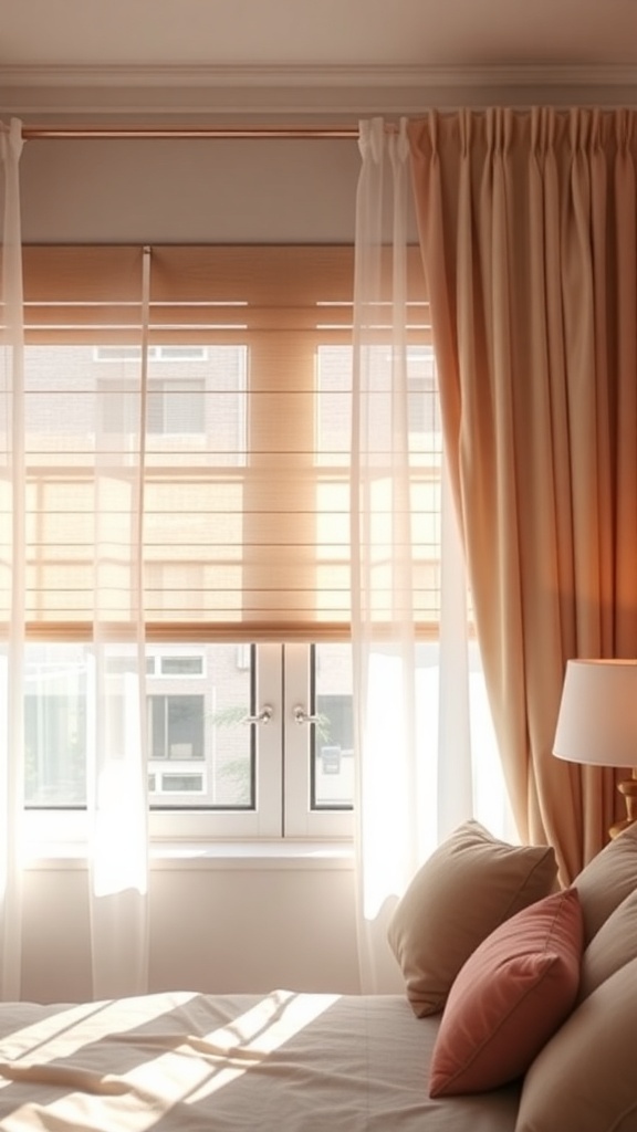 A warm bedroom with soft curtains and shades, allowing natural light to filter in.