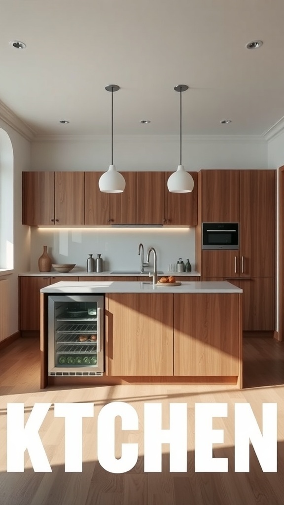 Stylish kitchen island with built-in refrigerator and modern design