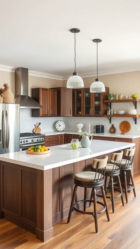 A modern kitchen island with built-in seating, featuring a sleek countertop and stylish bar stools.