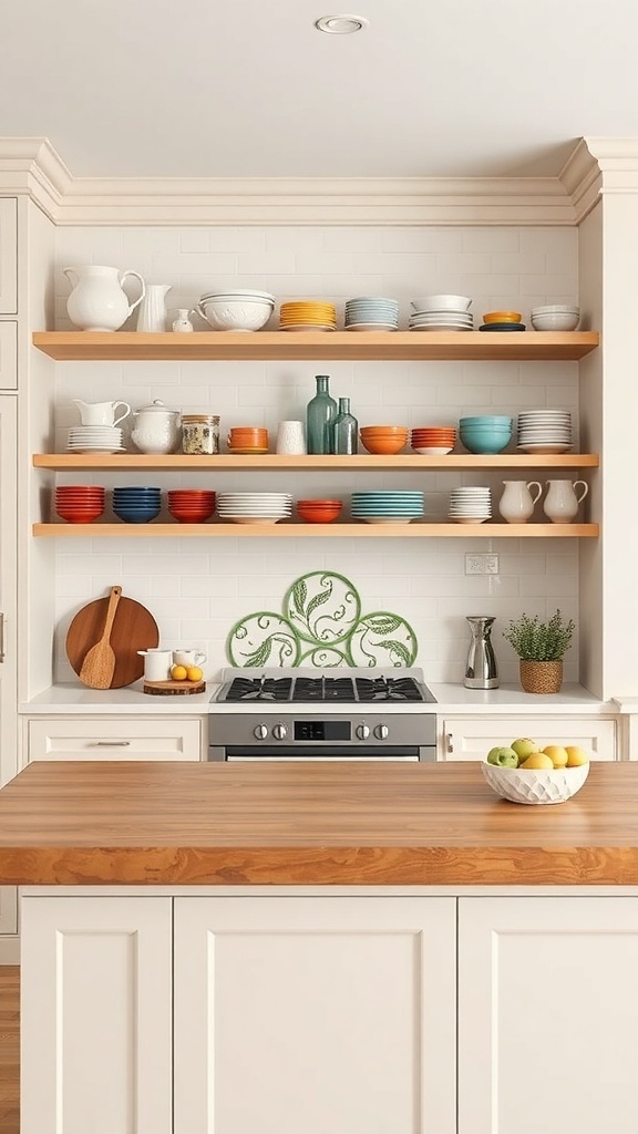 A kitchen island featuring open shelving with colorful dishes and a wooden countertop.
