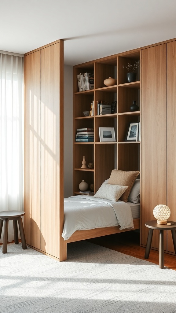 Kallax room divider with bed integration, showcasing organized shelves and a cozy bed.
