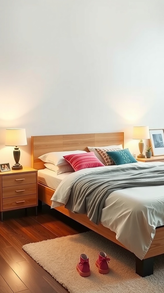 A stylish bedroom featuring a Kallax bed with built-in nightstands and cozy decor.