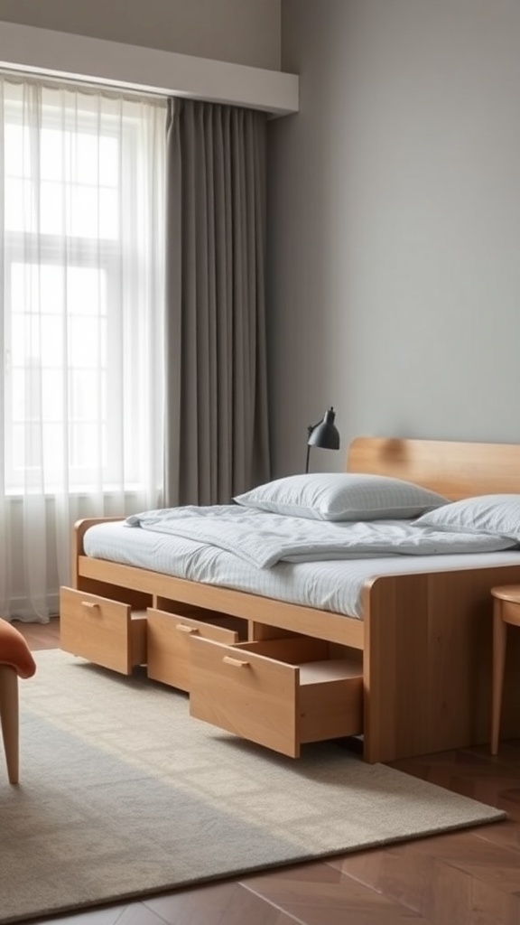 A modern bedroom featuring a Kallax bed with hidden drawers beneath the mattress.
