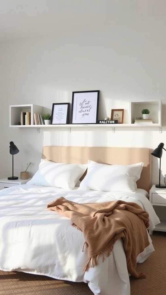 A stylish bedroom featuring a Kallax bed with a custom headboard, cozy bedding, and decorative shelves.