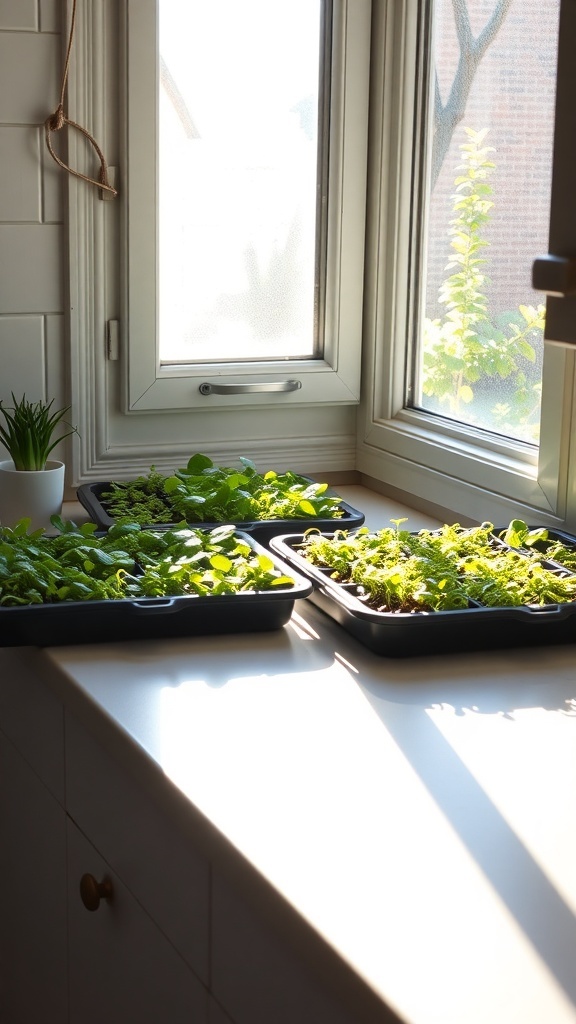 Trays of microgreens growing on a kitchen windowsill, with sunlight shining in.