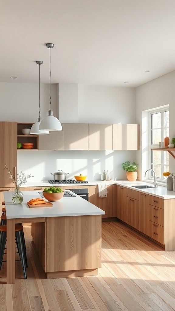 A bright kitchen featuring an L-shaped kitchen island with wooden cabinets and light countertops.