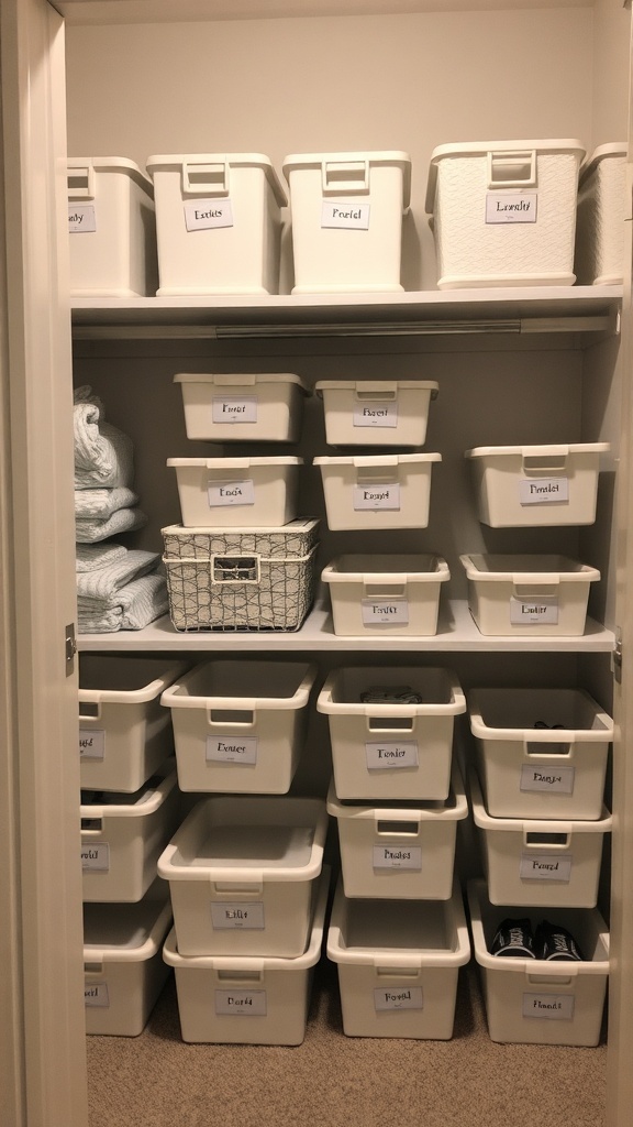 A neatly organized closet with labeled storage bins for easy identification.