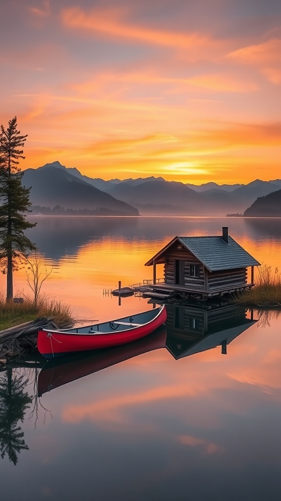 A cozy cabin by a lake at sunset with a red canoe in the foreground and mountains in the background.
