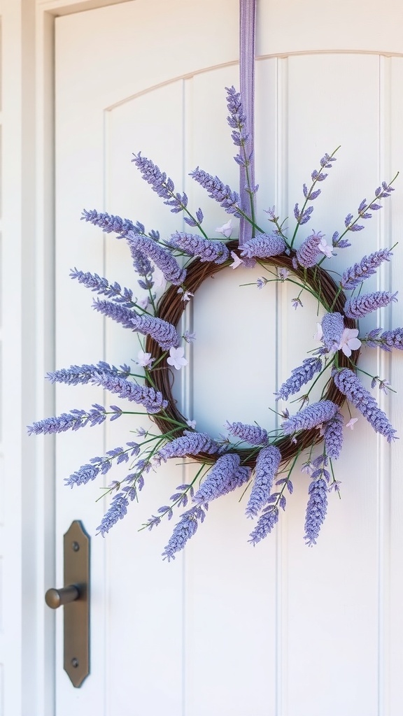 A lavender wreath hanging on a front door, showcasing purple blooms and a rustic design.