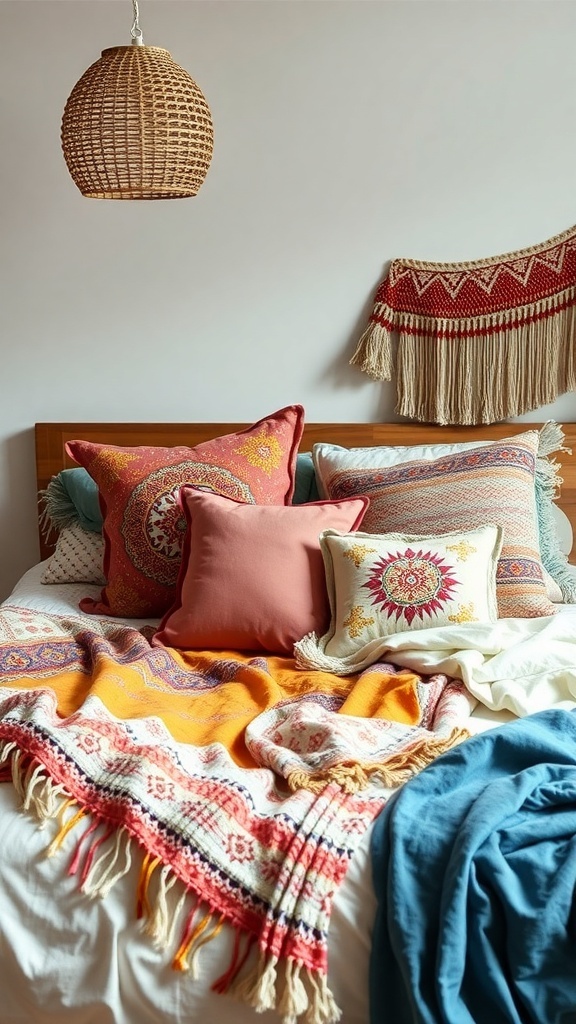 A cozy boho bedroom featuring layered bedding with patterned pillows and colorful throws.