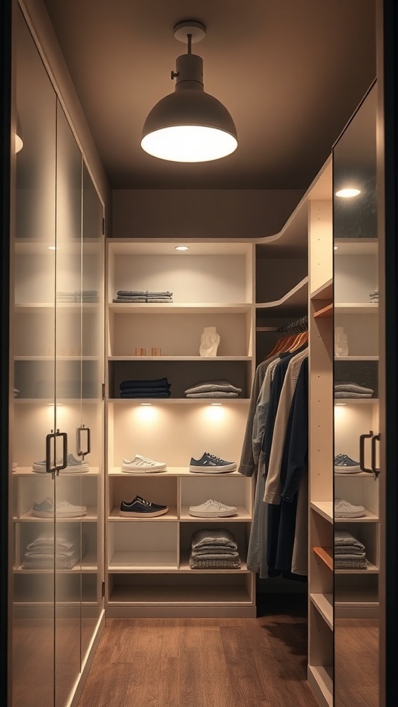 A cozy small walk-in closet with layered lighting, showcasing clothes and shoes on organized shelves.