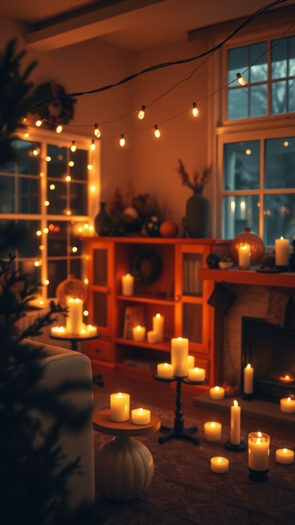 A cozy room decorated with candles and string lights for autumn.