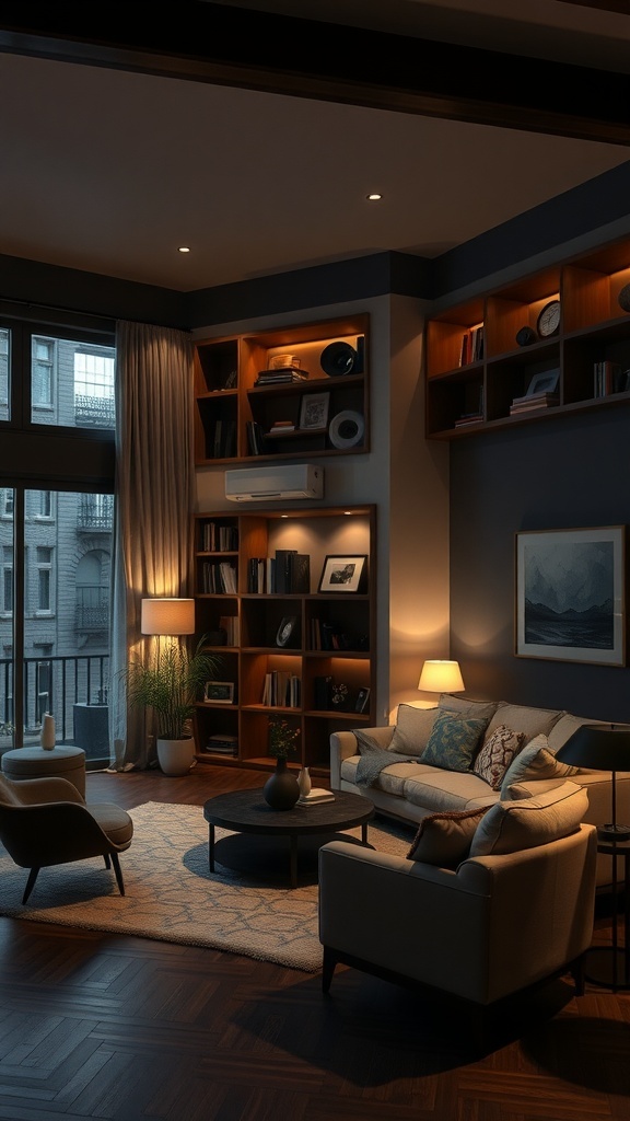 A cozy living room with layered lighting including ambient, task, and accent lights.
