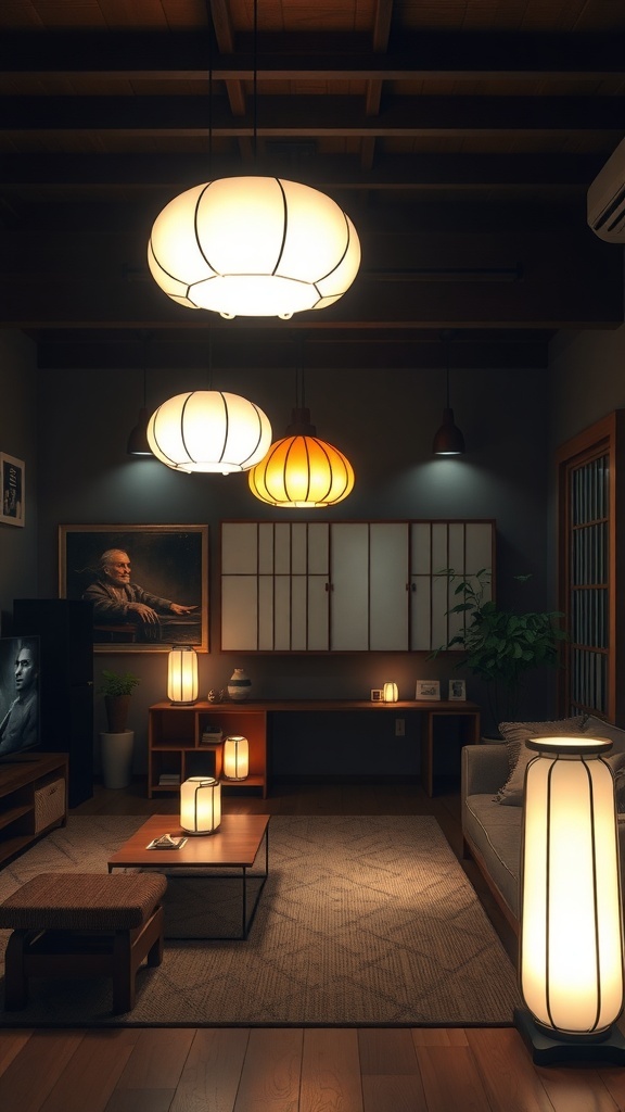 A well-lit Japandi living room showcasing layered lighting with various lamps and overhead lights.