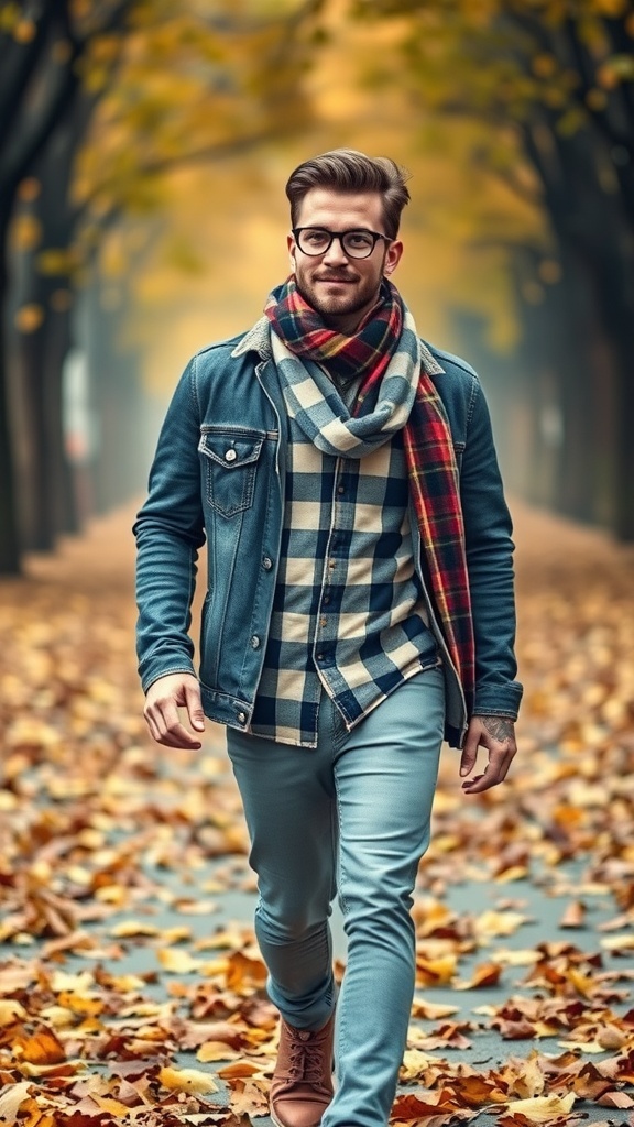 A man walking through a park in fall, wearing a denim jacket, plaid shirt, and a scarf, surrounded by autumn leaves.