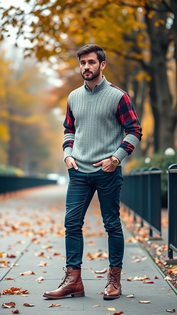A man in a gray sweater with a plaid shirt underneath, wearing fitted jeans and brown boots, standing on a path covered with autumn leaves.