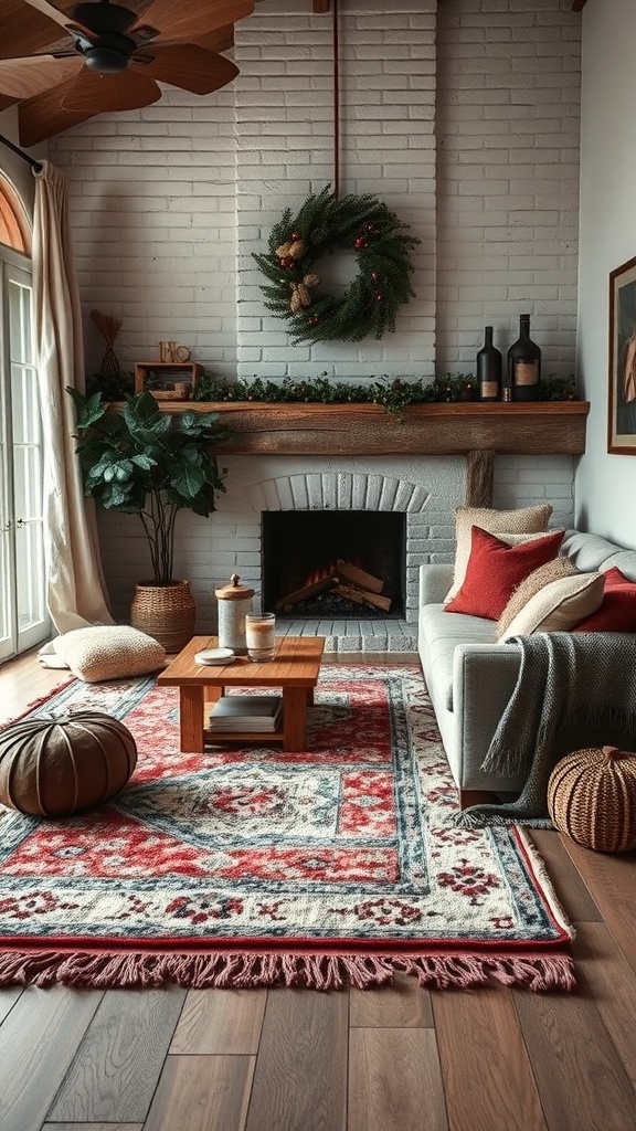 A cozy living room with layered rugs, a fireplace, and winter decor.
