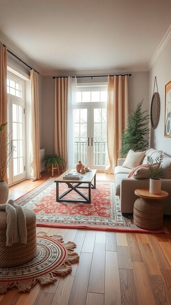 Cozy living room with layered rugs, showcasing a large ornate rug and a smaller round rug on wooden flooring.