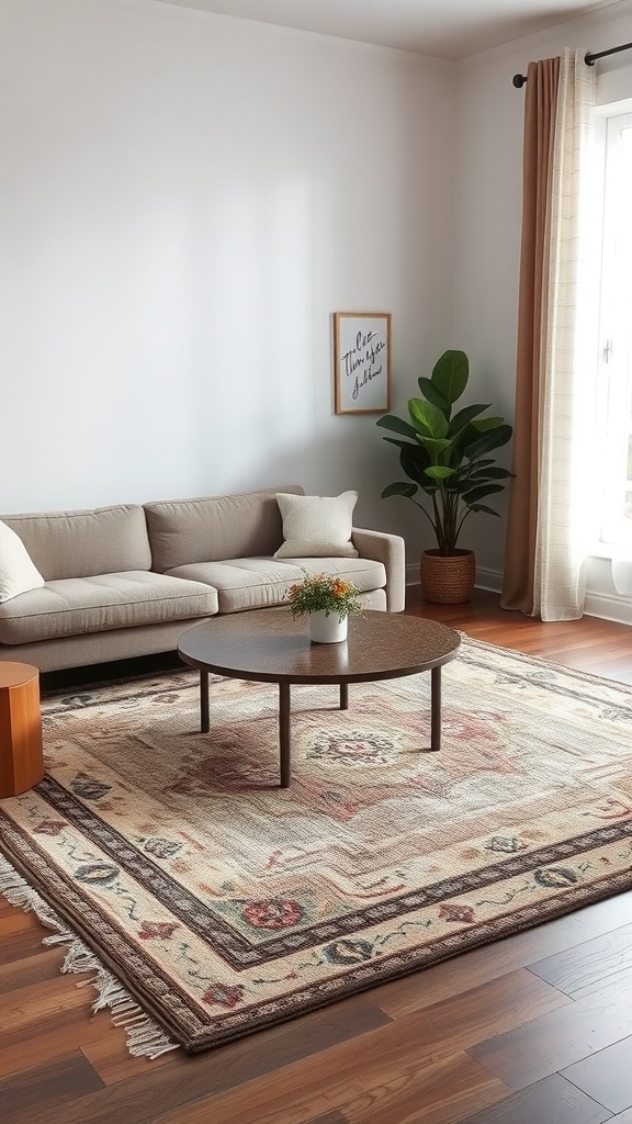 A cozy winter living room featuring layered rugs, a coffee table, and a sofa.