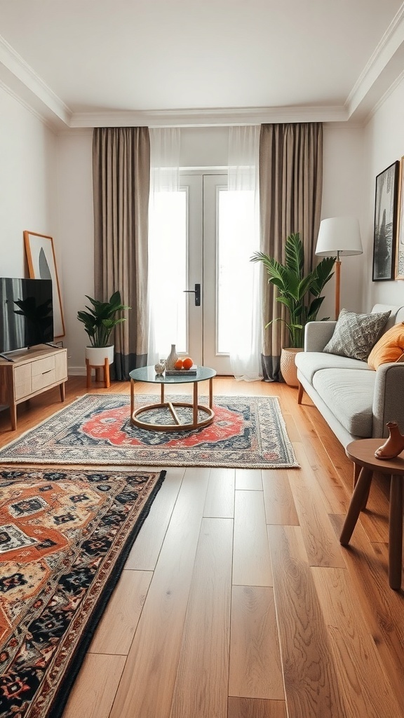 A cozy living room with layered rugs on a wooden floor, featuring a sofa, plants, and a coffee table.