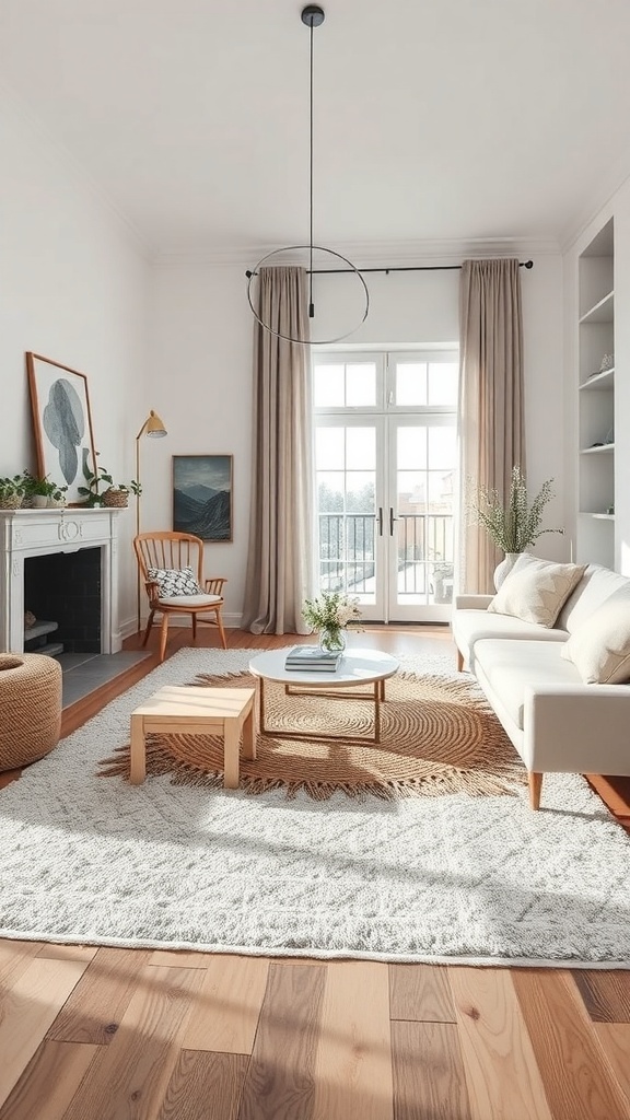 A Scandinavian living room featuring layered rugs for added texture.