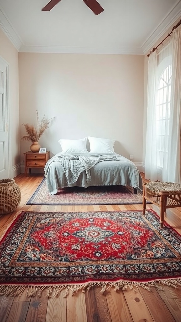 A warm bedroom featuring layered rugs, a bed with white pillows, and wooden flooring.