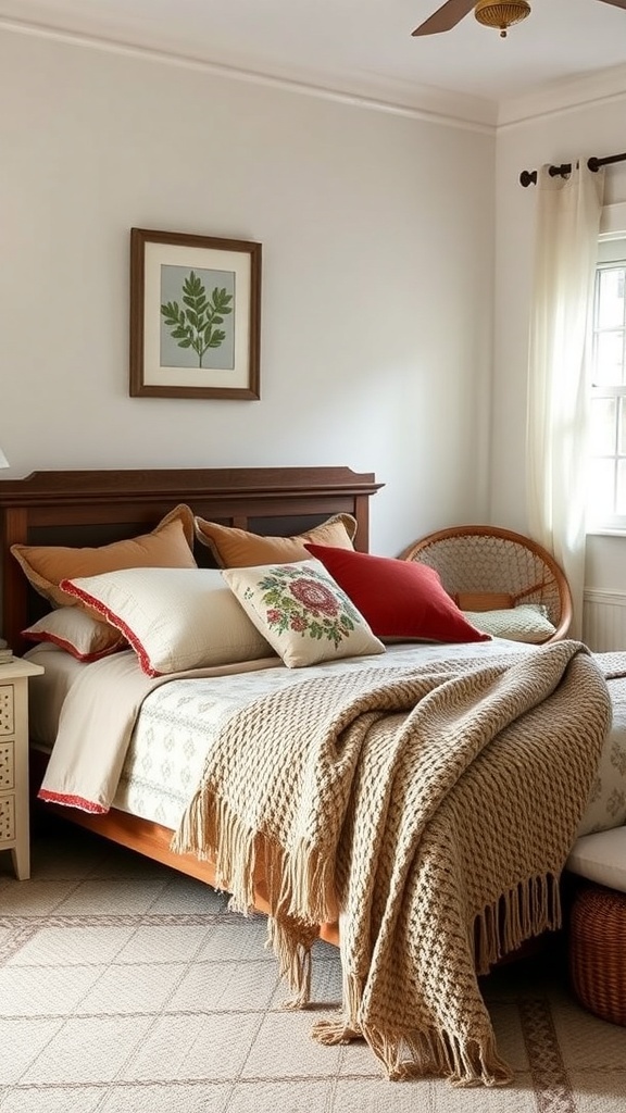 Cozy bedroom with layered textiles, featuring a bed with a chunky knit throw and decorative pillows.