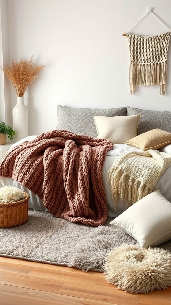 Cozy bedroom with layered textiles including a chunky knit blanket, various pillows, and a soft rug.